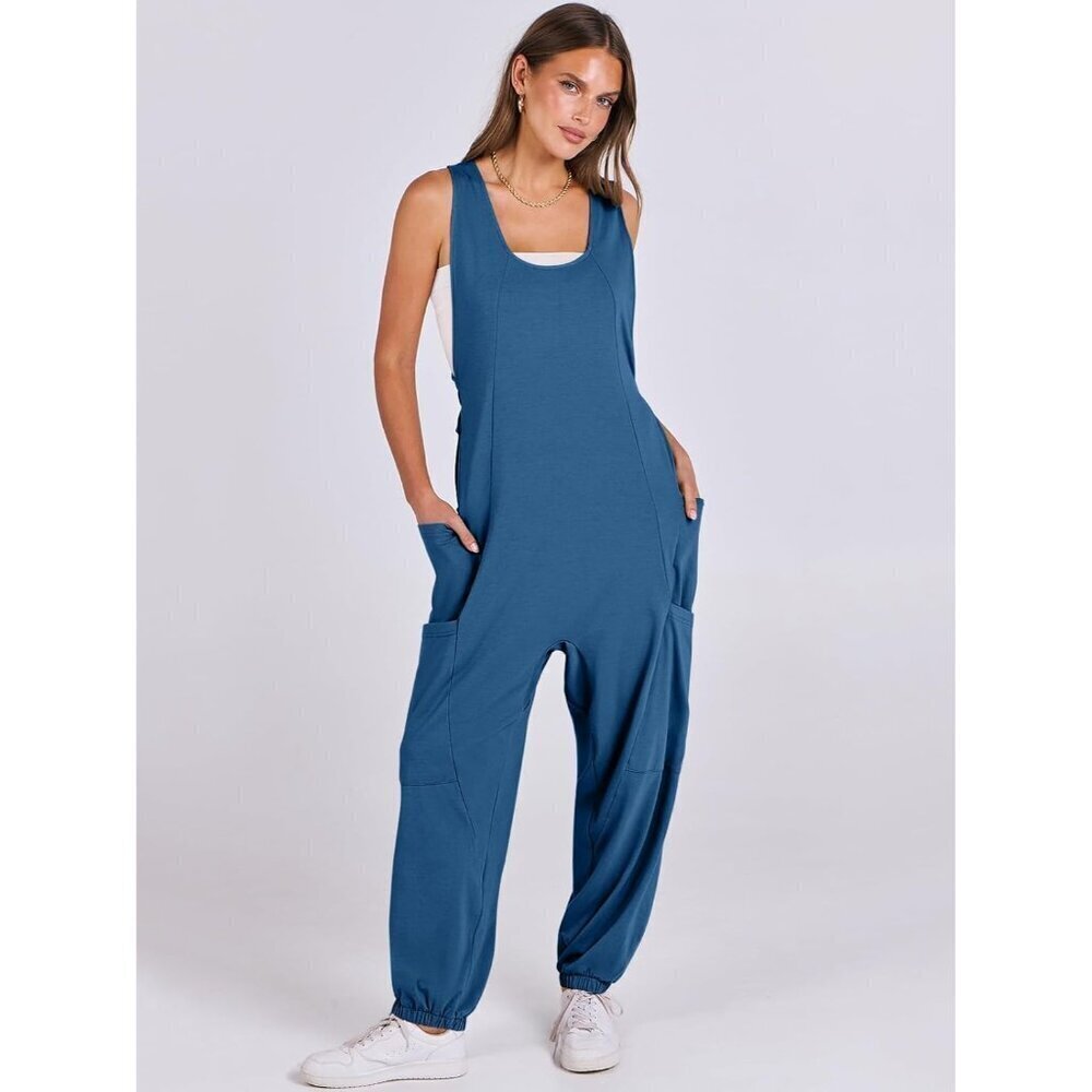 Women Deep Blue Overall Jumpsuit Loose Casual Dressy Sleeveless Baggy Romper - Picture 2 of 6